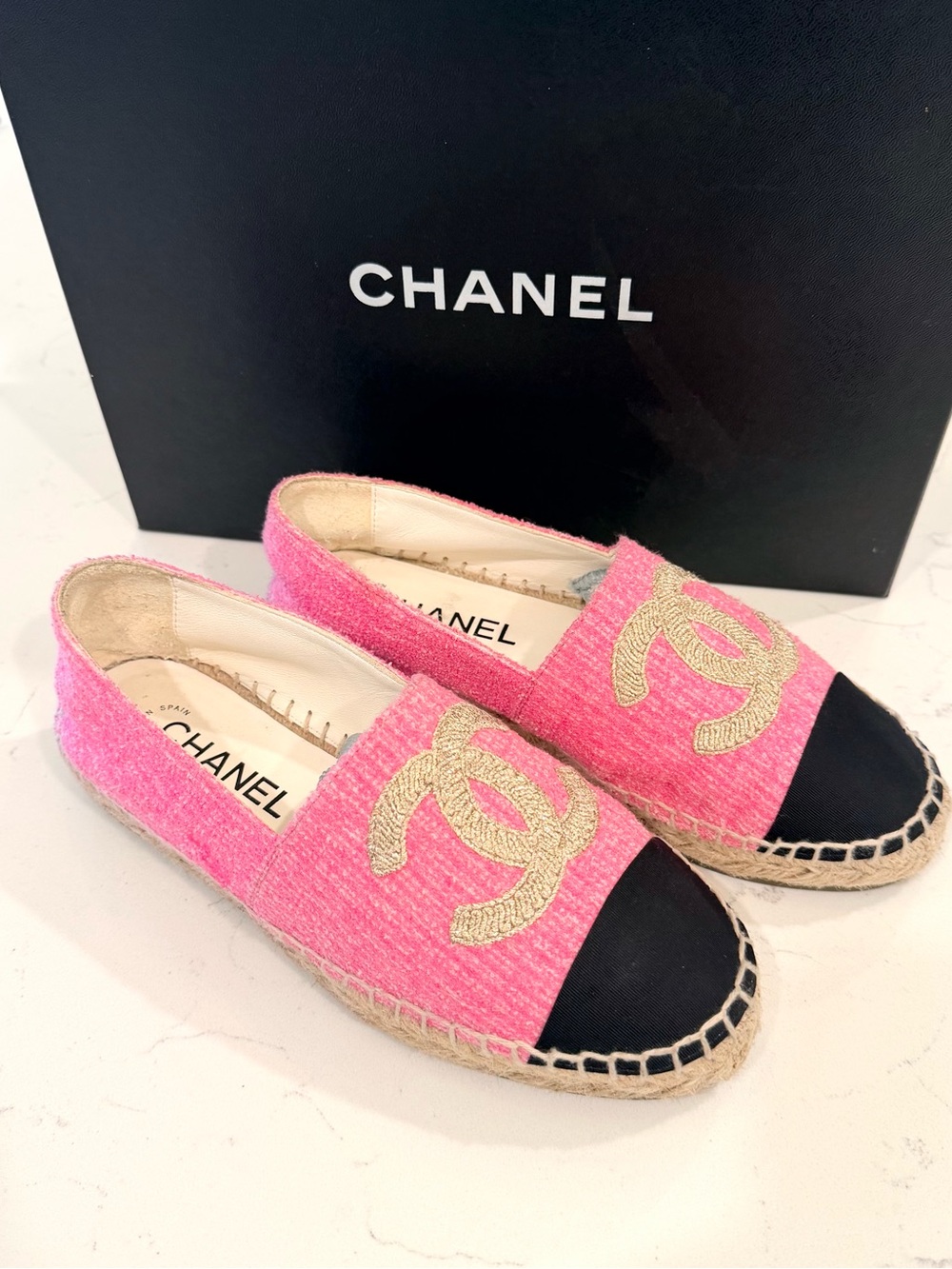 CHANEL Pink Tweed Espadrilles with Black Cap Toe and Gold CC